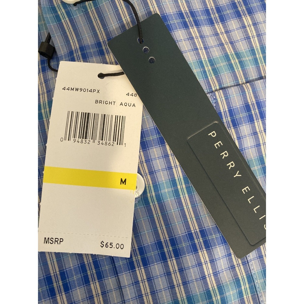 Perry Ellis Men's Slim Fit Shirt Medium Check Bright Aqua New $65 #155